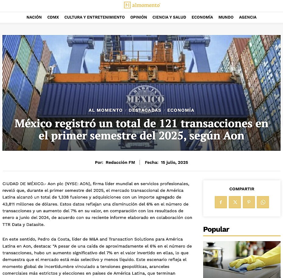 Mxico registr un total de 121 transacciones en el primer semestre del 2025, segn Aon